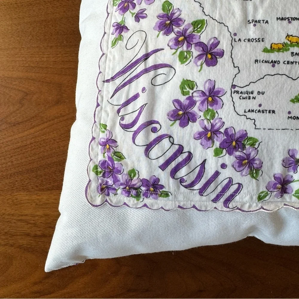 Vintage Wisconsin Handkerchief Pillow Violets Shabby Chic Retro Country Decor